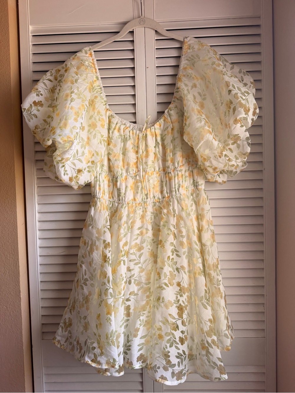 Women's Fairycore Yellow Floral Mini Dress with Puff Sleeves